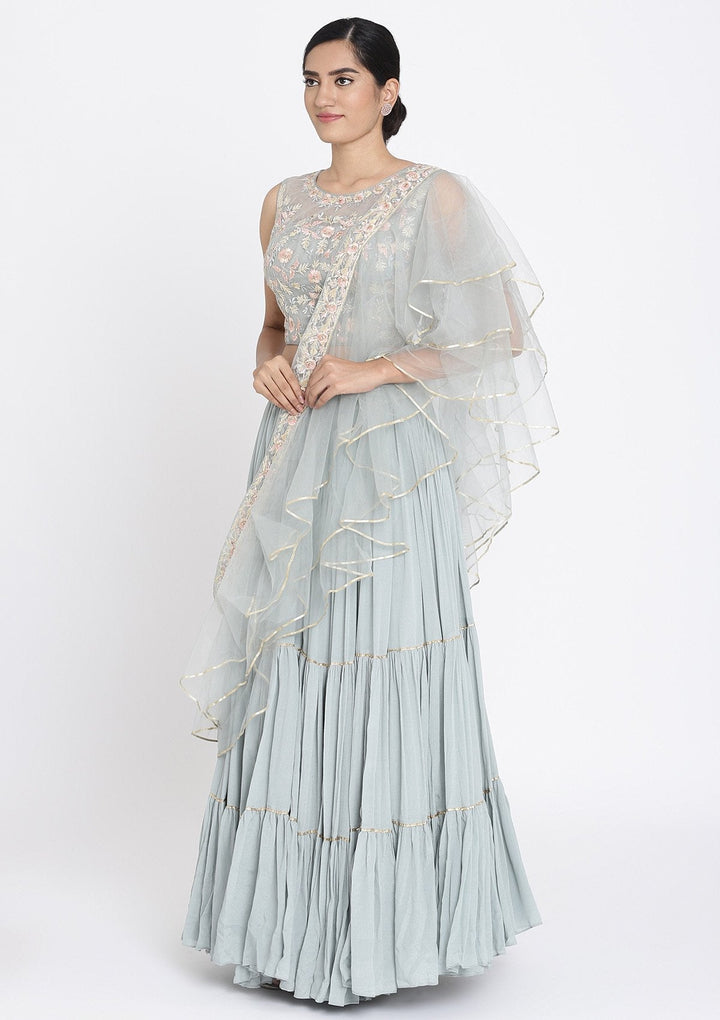 Light Grey Threadwork Georgette Designer Lehenga - koskii