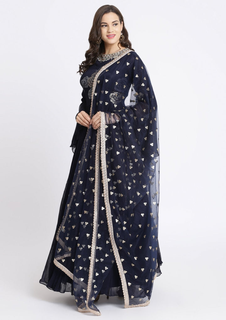 Navy Blue Sequinned Georgette Designer Gown-Koskii