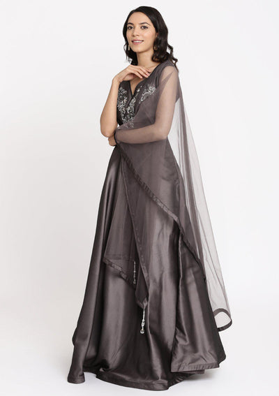 Mauve Cutdana Taffeta Silk Designer Gown-Koskii