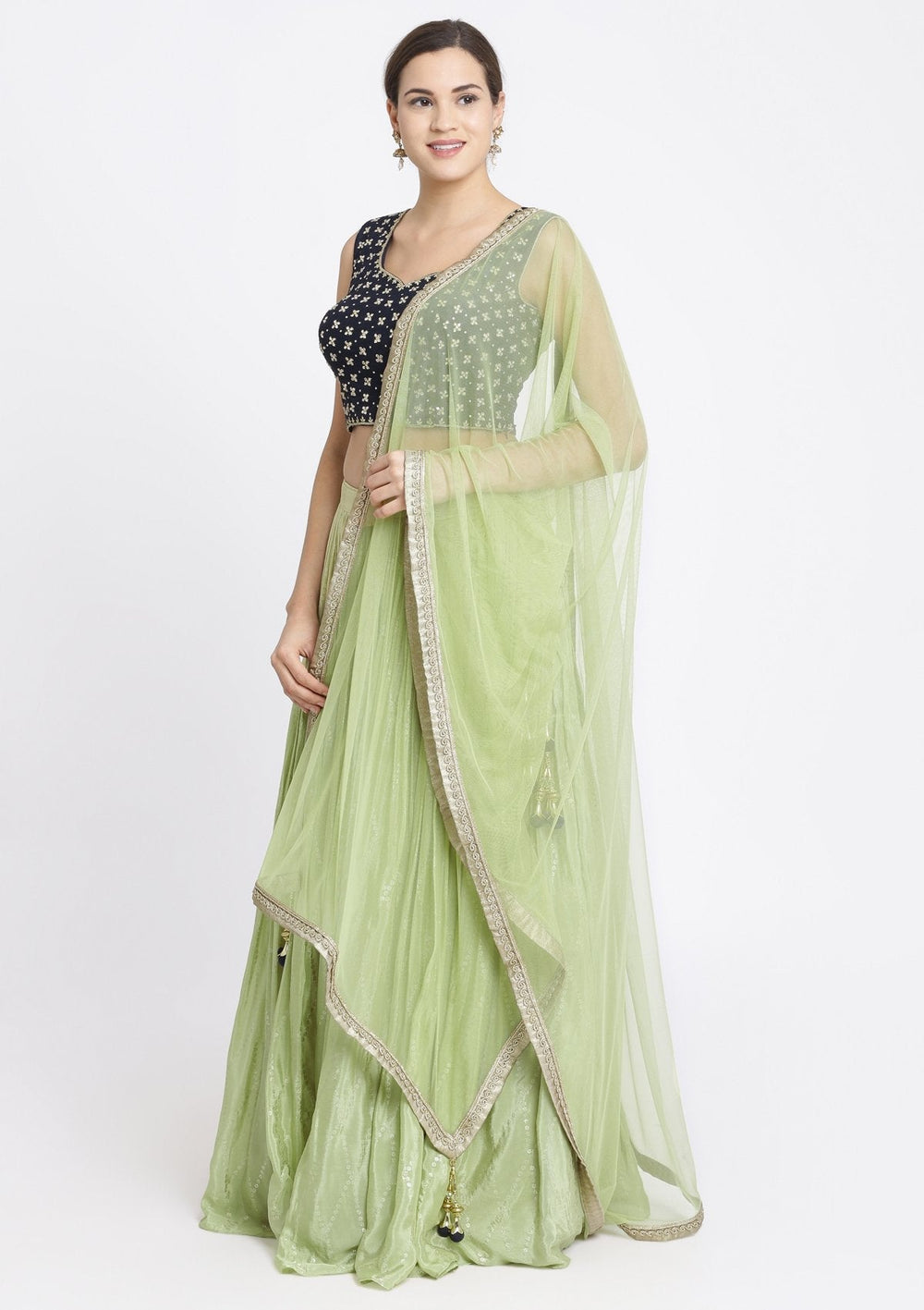 Pista Green and Navy Blue Mirrorwork Satin Designer Lehenga-Koskii