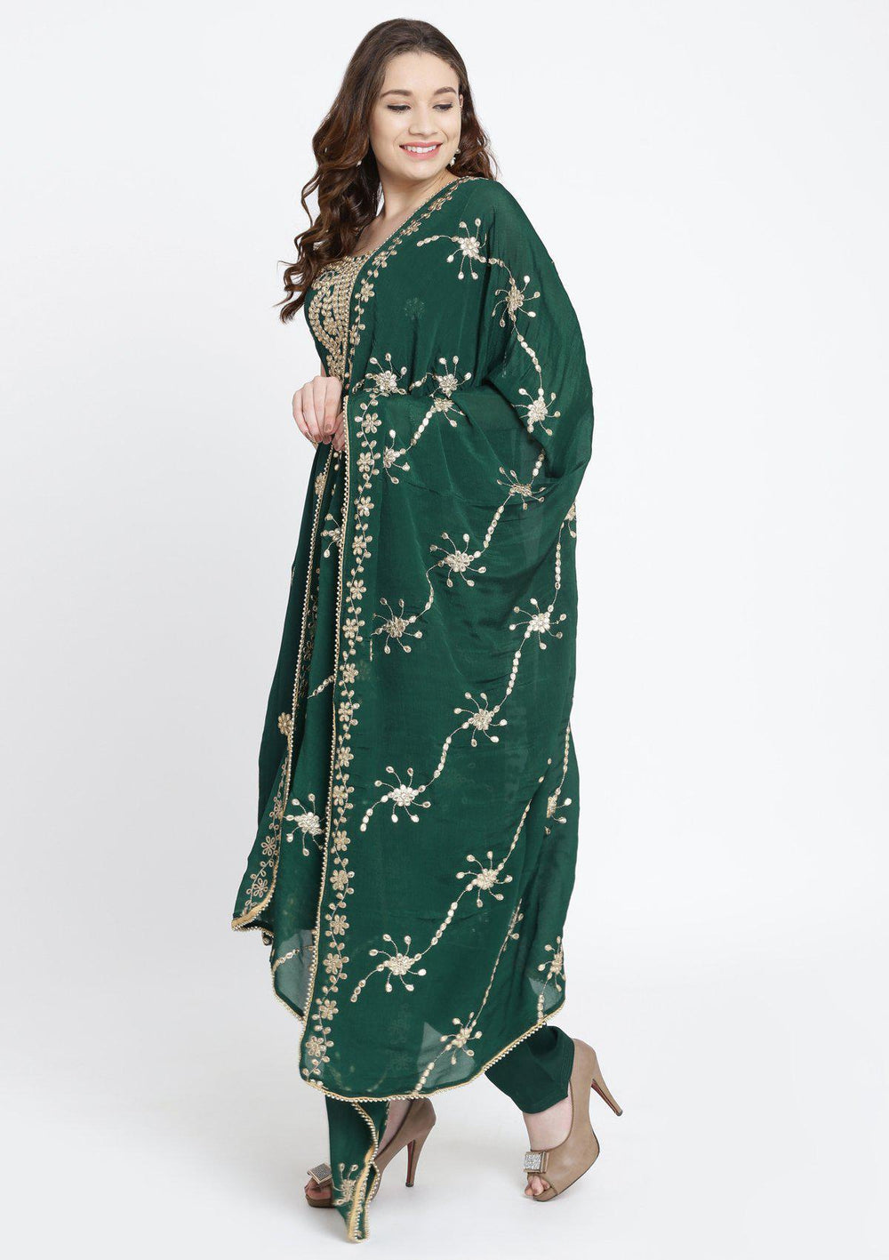 Bottle Green Gotapatti Semi Crepe Designer Salwar Suit-Koskii