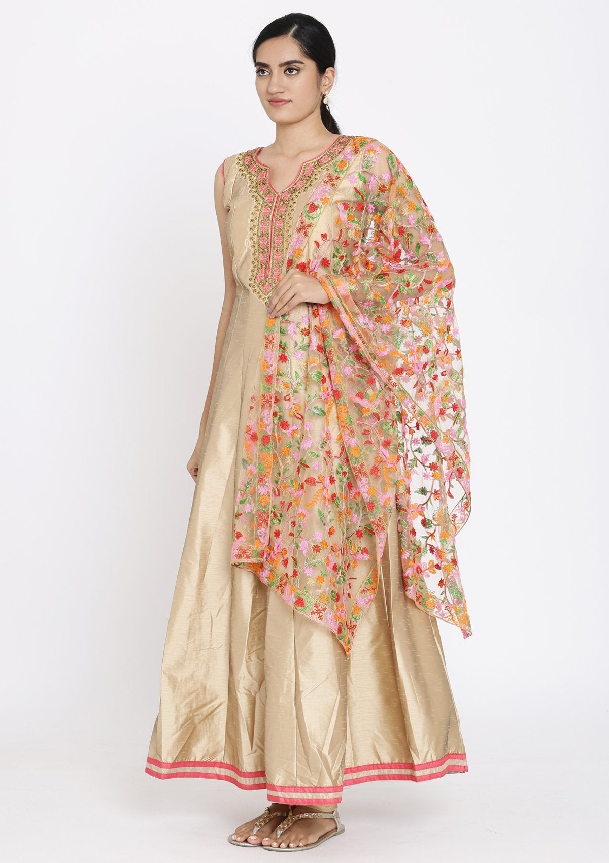 Gold Stonework Raw Silk Designer Gown - koskii