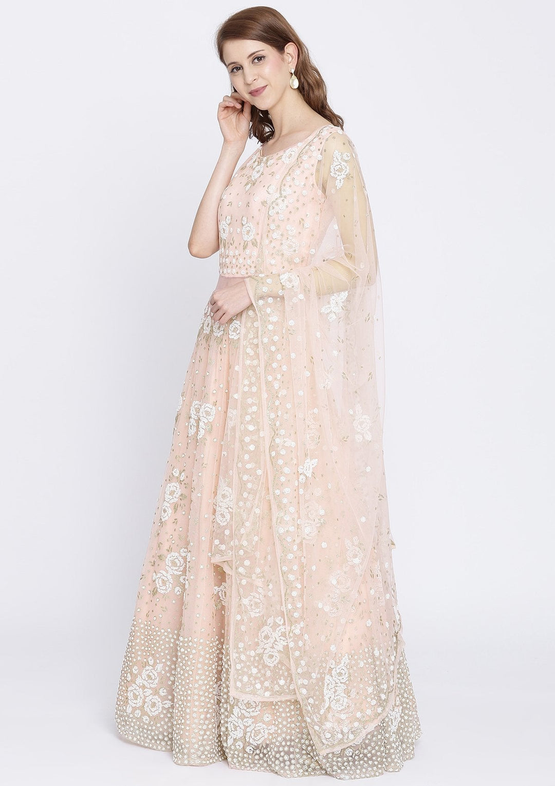 Baby Pink Cutdana Net Designer Gown-Koskii