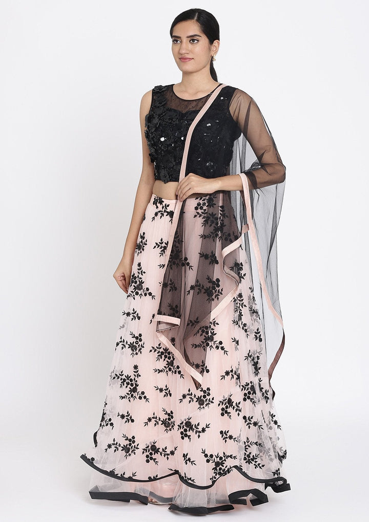 Baby Pink And Black Applique Net Designer Lehenga - koskii