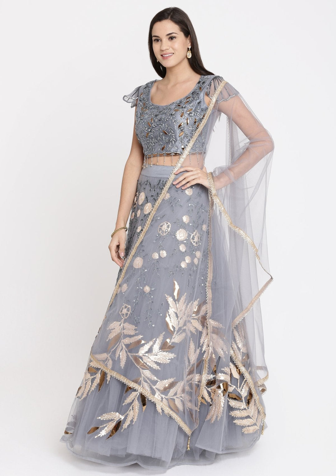 Dark Grey Cutdana Net Designer Lehenga-Koskii