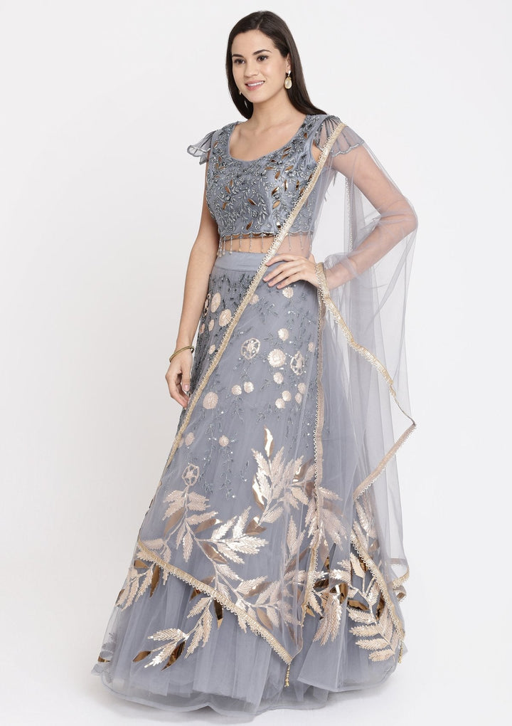 Dark Grey Cutdana Net Designer Lehenga-Koskii