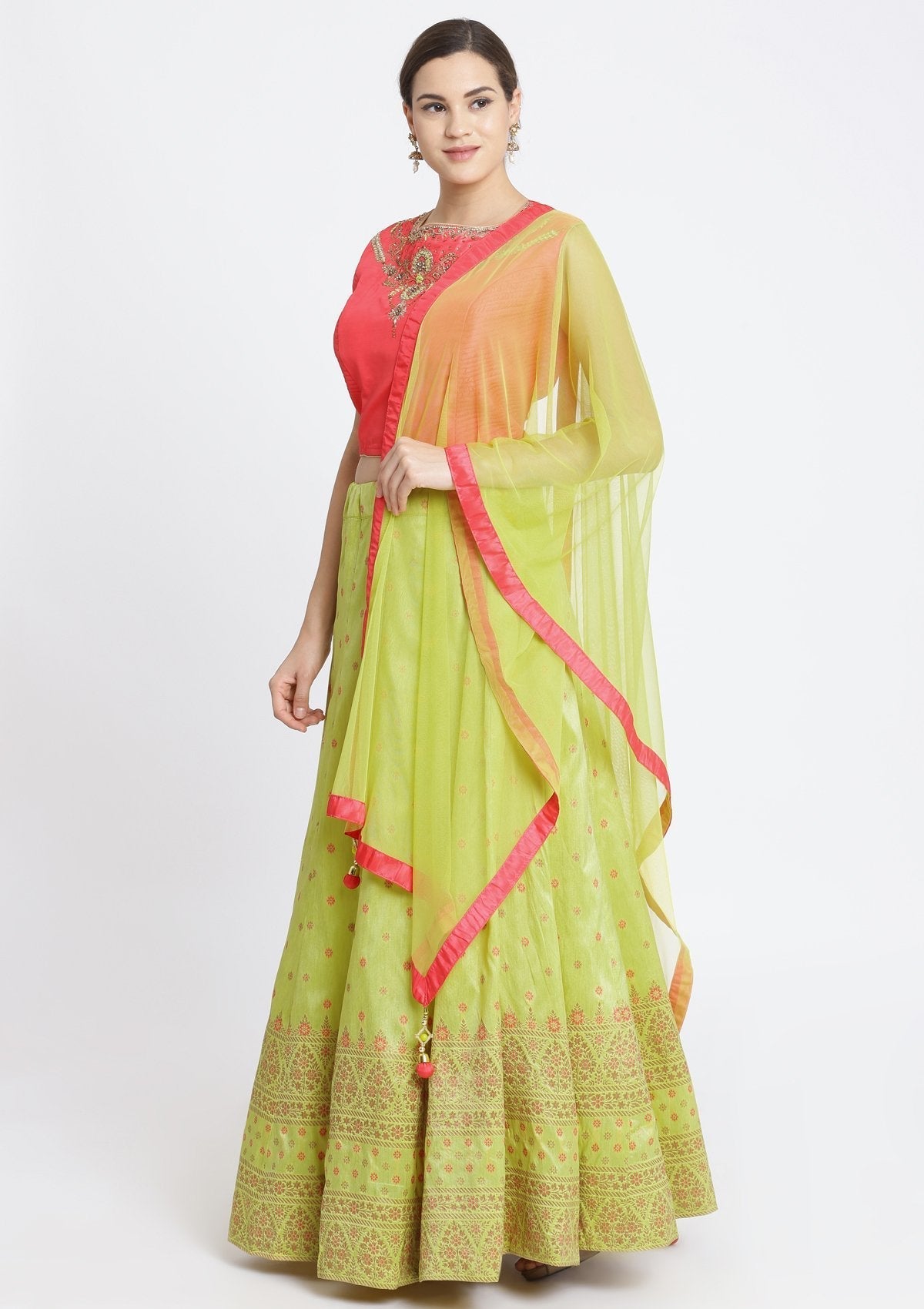 Parrot Green and Candy Pink Stonework Art Silk Designer Lehenga-Koskii