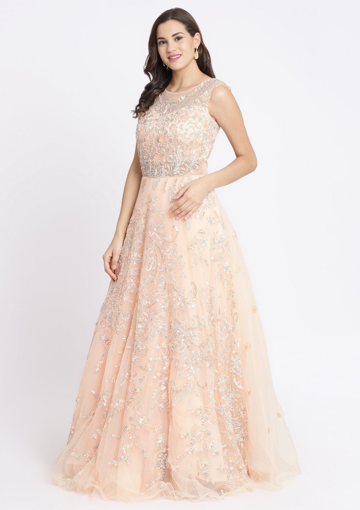 Peach Sequinned Net Designer Gown-Koskii