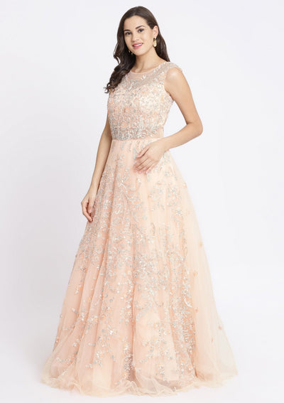 Peach Sequinned Net Designer Gown-Koskii