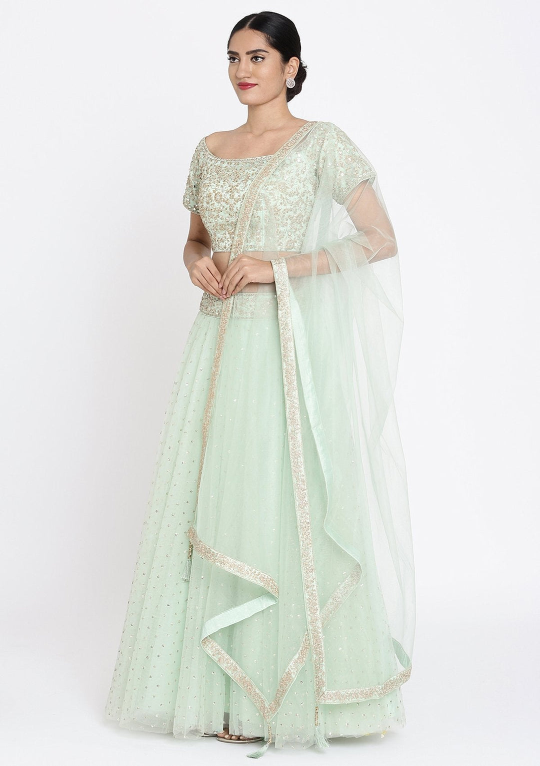 Pista Green Zariwork Net Designer Lehenga - koskii