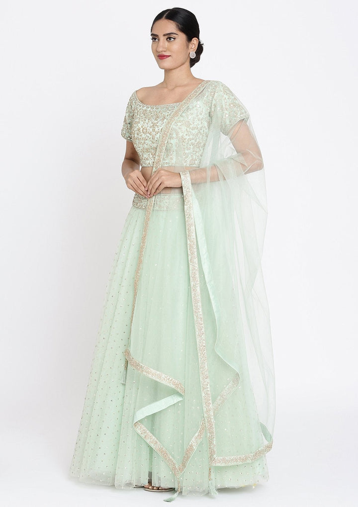 Pista Green Zariwork Net Designer Lehenga - koskii