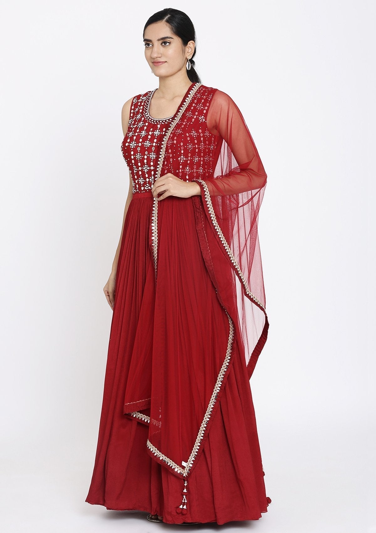 Maroon Mirrorwork Georgette Designer Gown - koskii