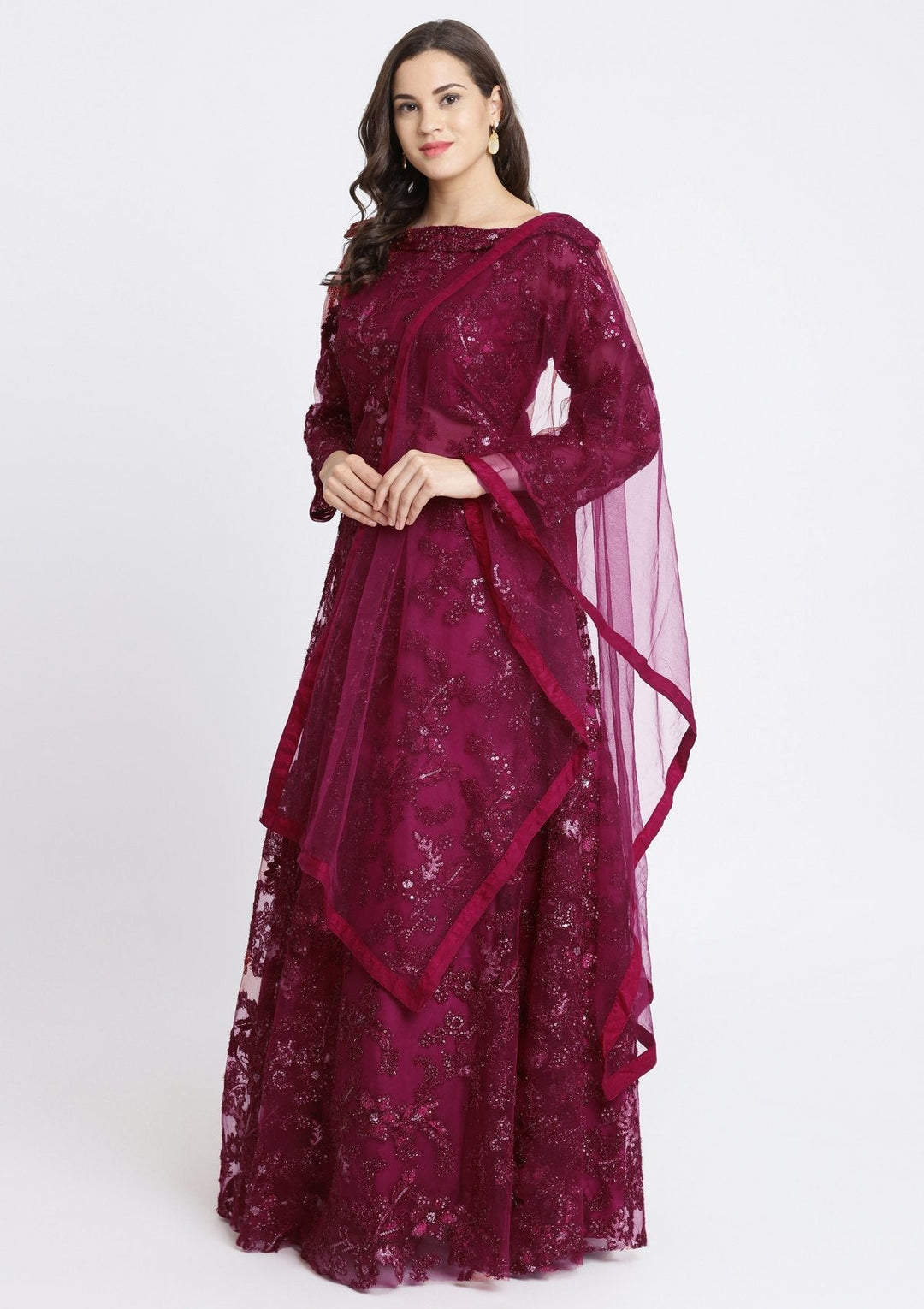 Maroon Sequinned Net Designer Gown-Koskii