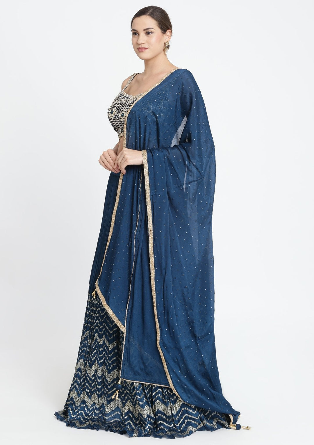 Peacock Blue Zardosi Art Silk Designer Lehenga-Koskii