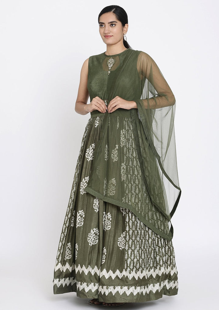 Mehendi Printed Art Silk Designer Gown - koskii