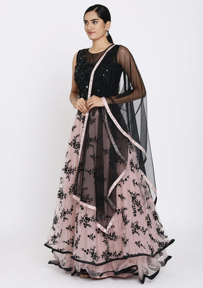 Mauve And Black Applique Net Designer Lehenga - koskii