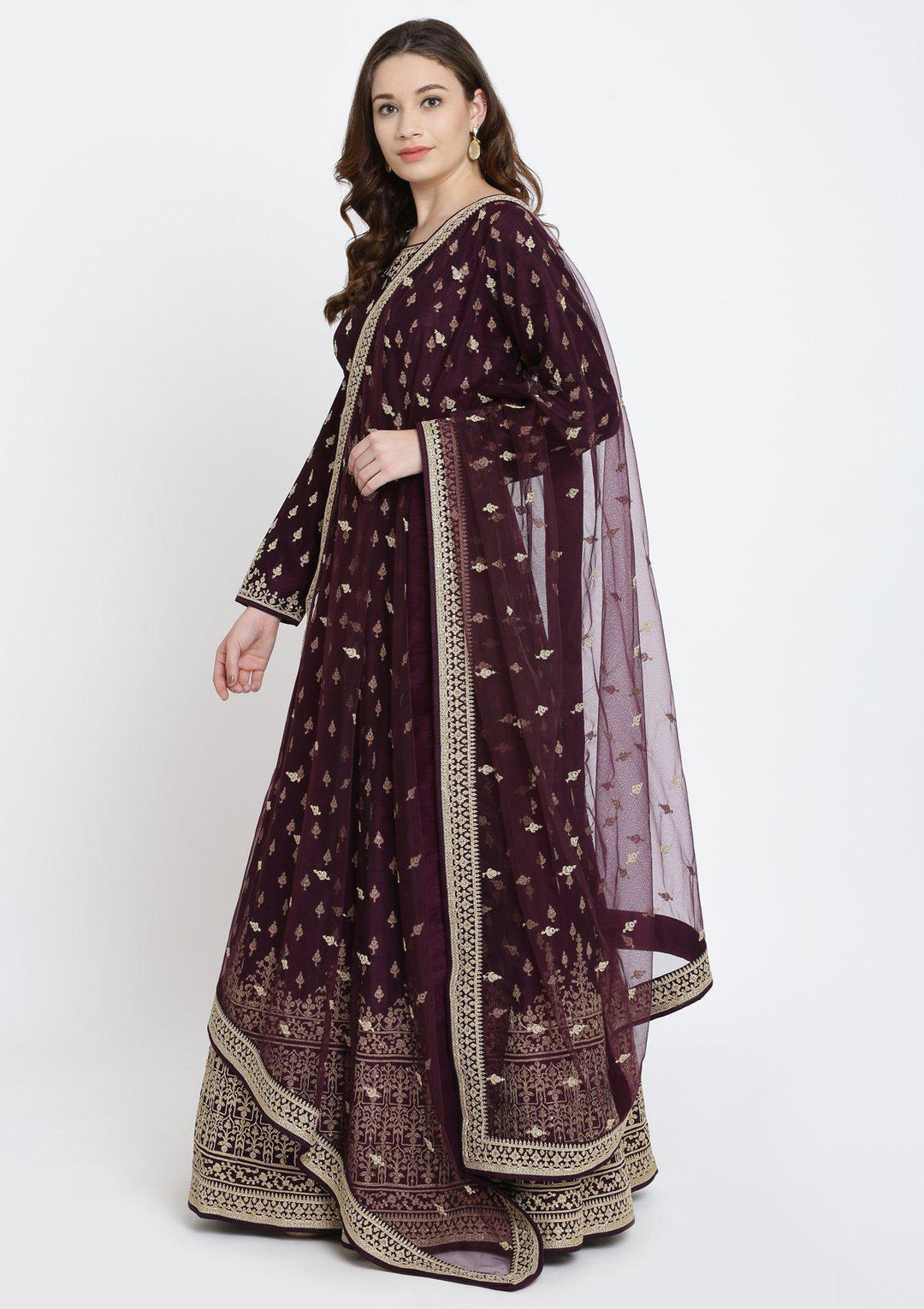 Wine Zariwork Raw Silk Designer Gown-Koskii