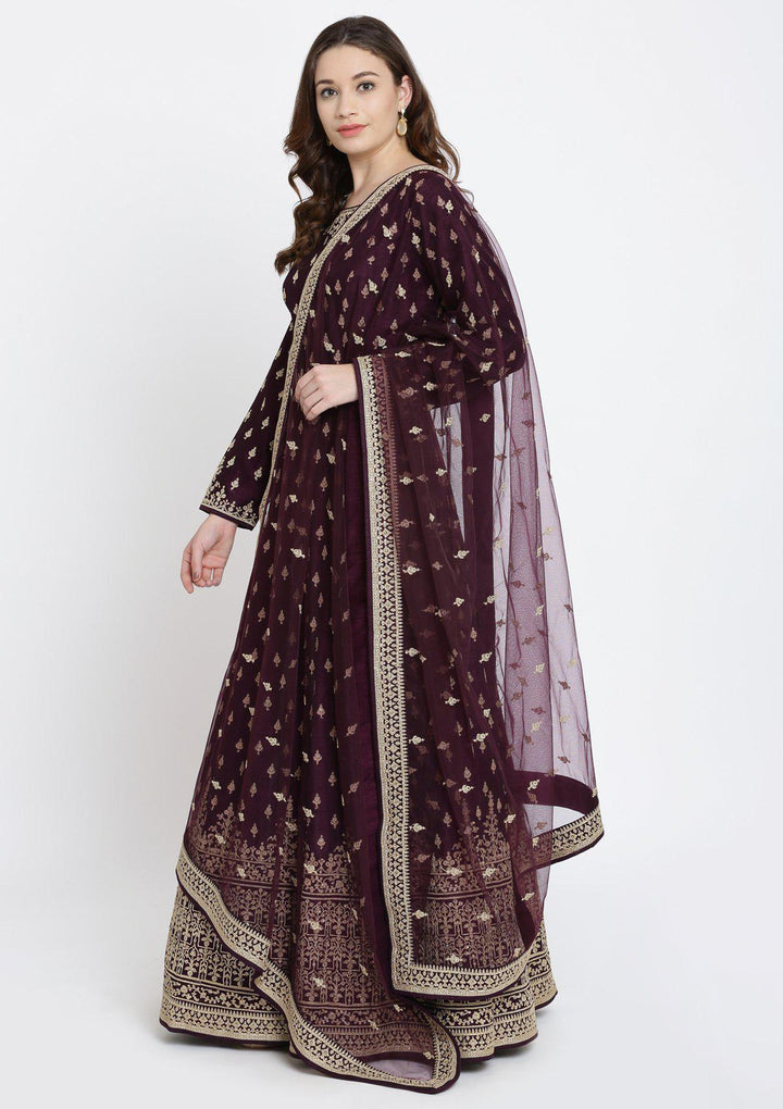 Wine Zariwork Raw Silk Designer Gown-Koskii