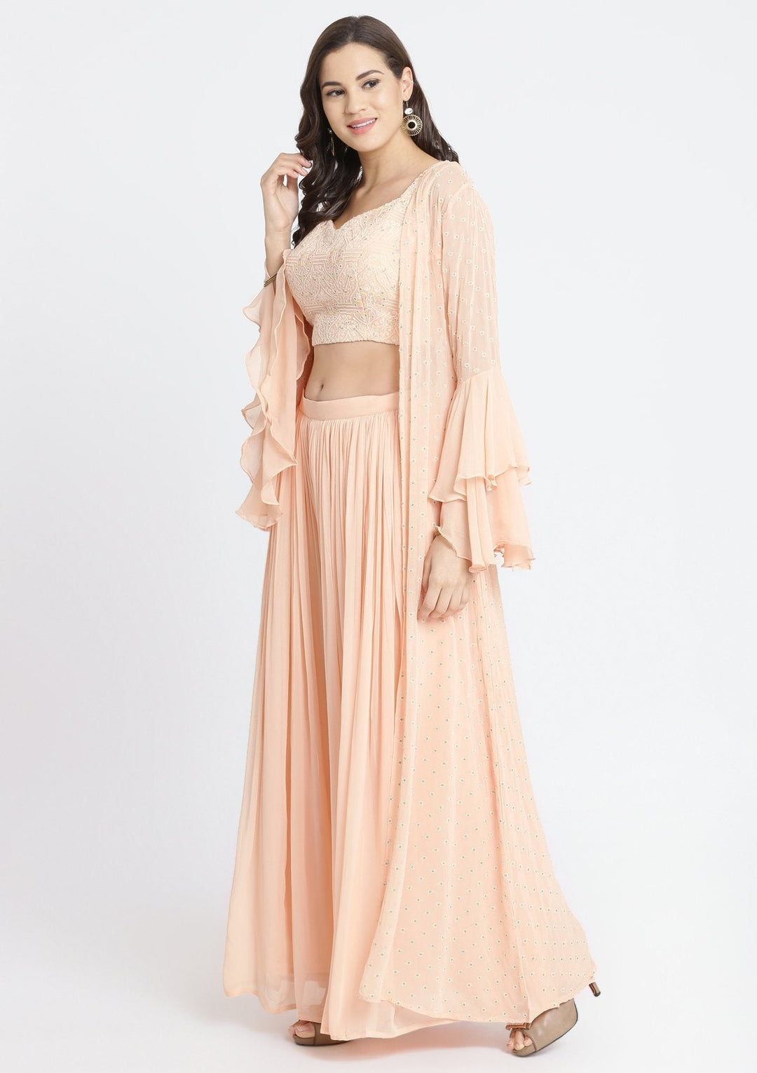 Peach Threadwork Georgette Designer Crop Top Set-Koskii