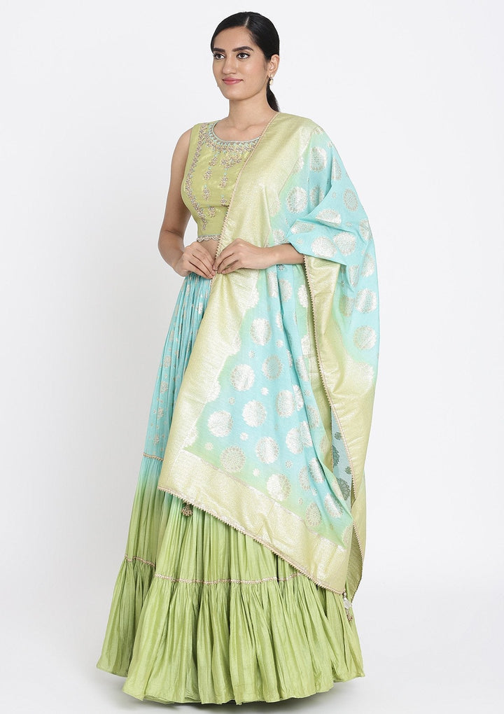 Sea Green And Pista Green Gotapatti Art Silk Designer Lehenga - koskii