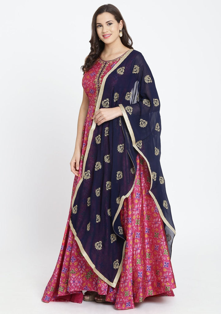 Fuschia Stonework Art Silk Designer Gown-Koskii