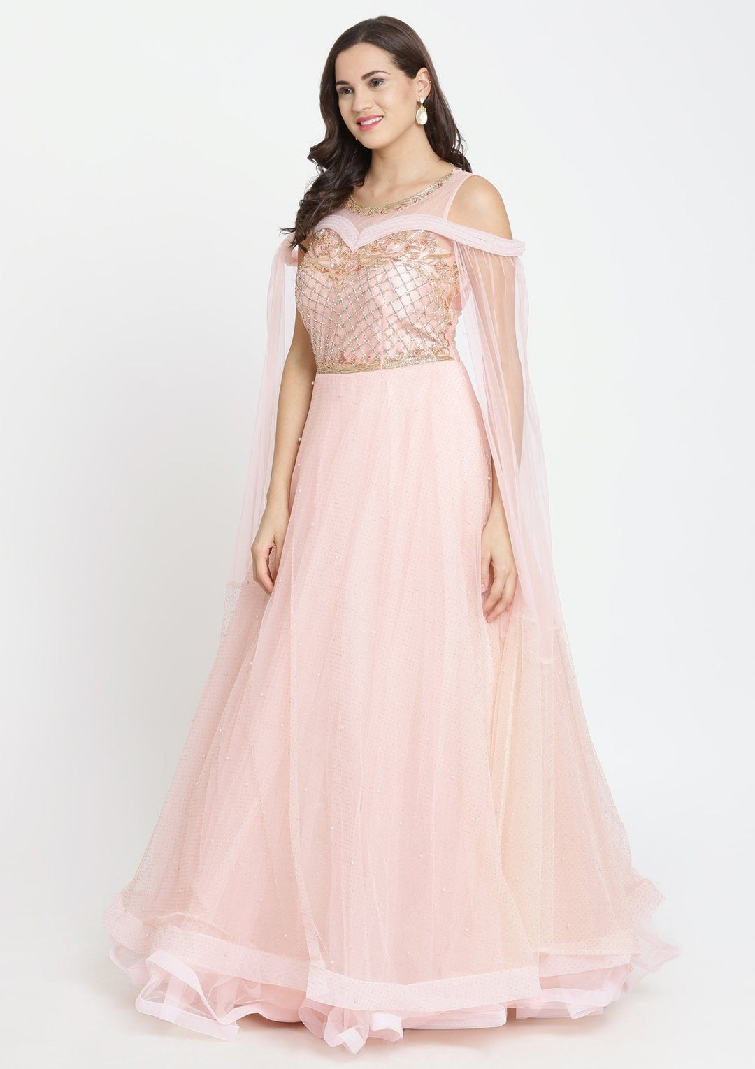 Baby Pink Cutdana Net Designer Gown-Koskii