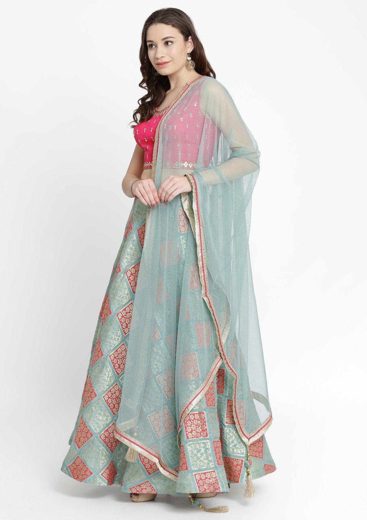 Pista Green and Fuschia Mirrorwork Brocade Designer Lehenga-Koskii