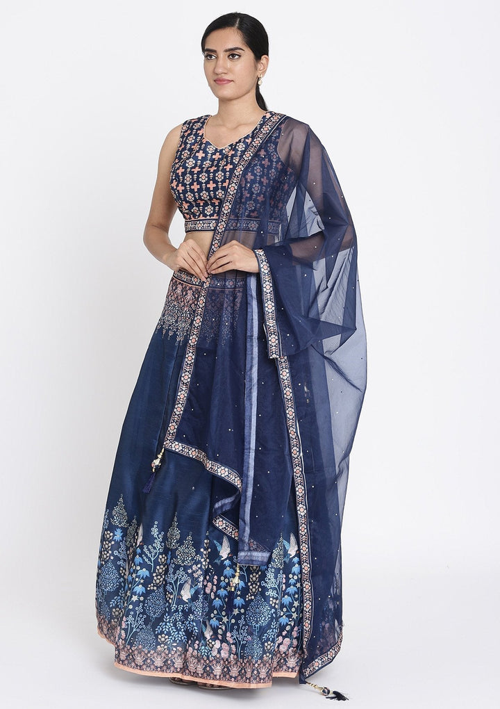 Navy Blue Printed Raw Silk Designer Lehenga - koskii