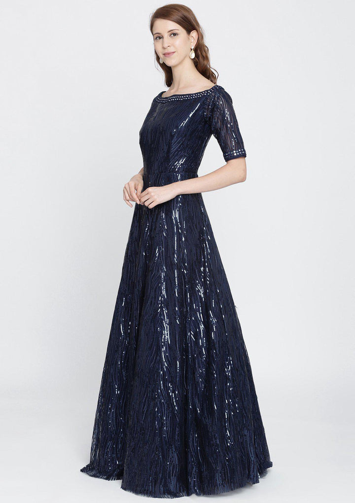 Navy Blue Sequins Net Designer Gown-Koskii