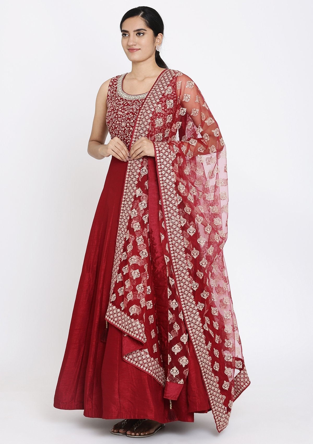 Maroon Zariwork Raw Silk Designer Gown - koskii