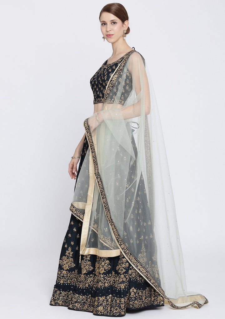 Navy Blue Mirrorwork Net Designer Lehenga-Koskii