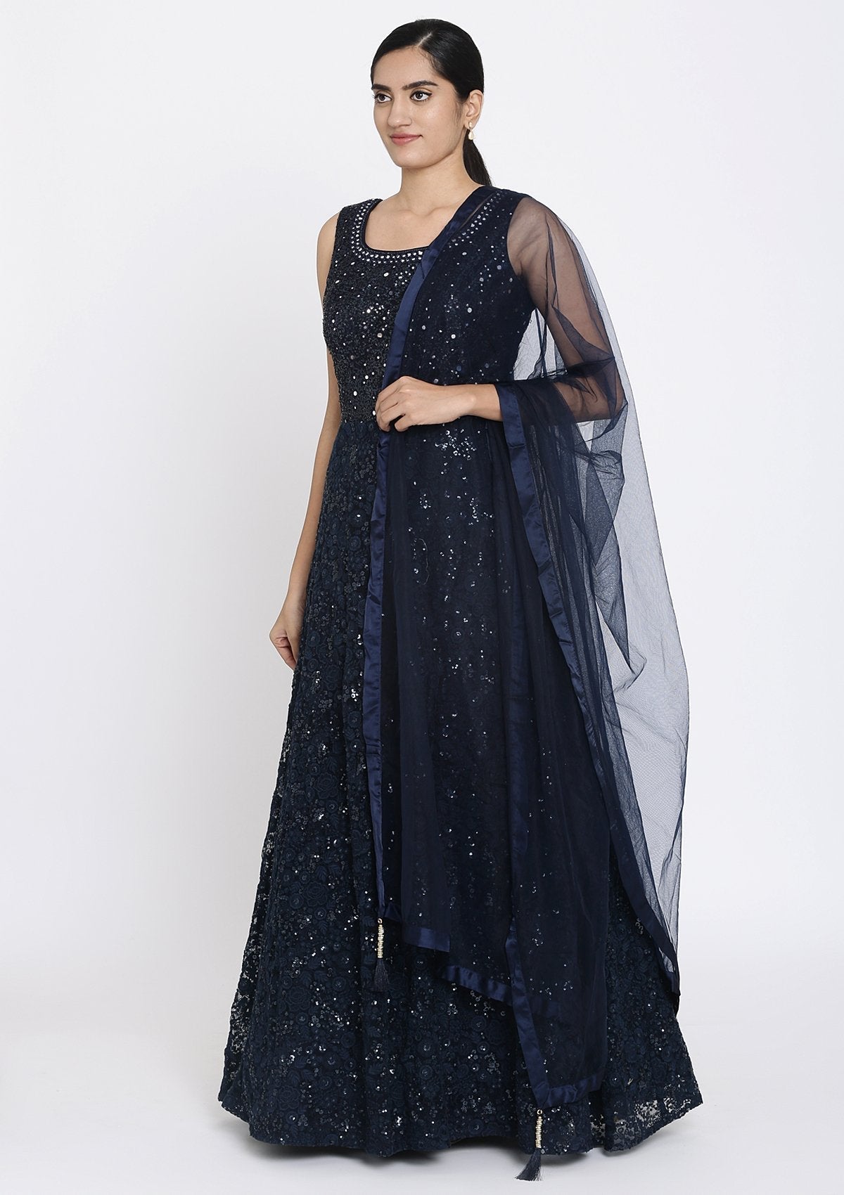 Navy Blue Chikankari Net Designer Gown - koskii