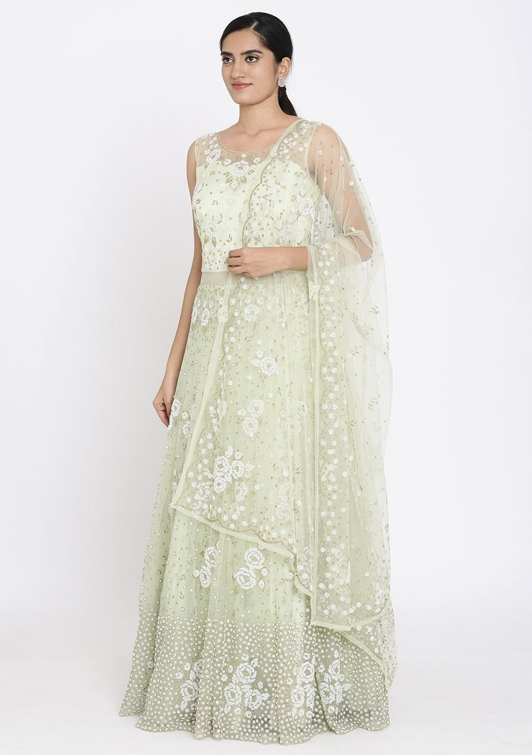 Pista Green Cutdana Net Designer Gown - koskii