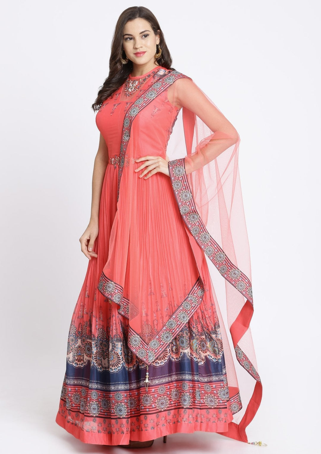 Coral Printed Georgette Designer Gown-Koskii