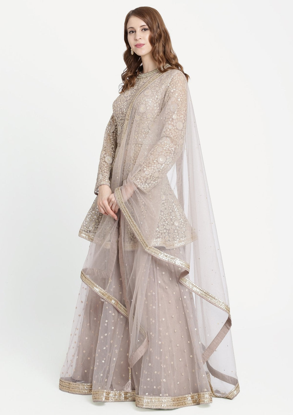 Light Grey Mirrorwork Net Designer Sharara-Koskii