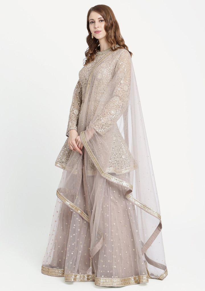 Light Grey Mirrorwork Net Designer Sharara-Koskii