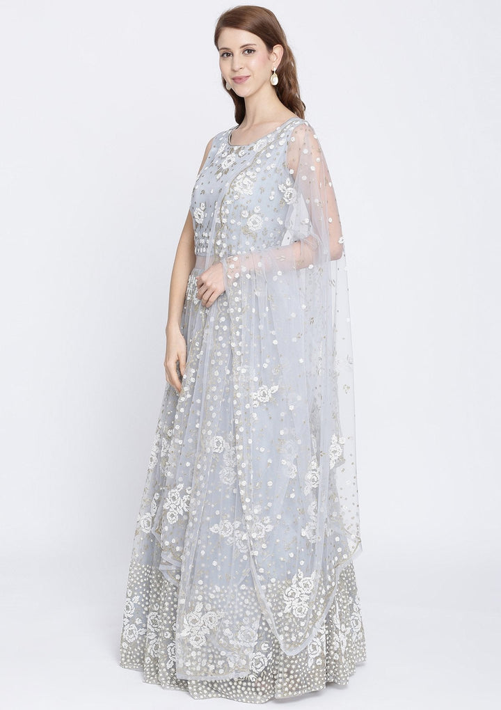 Light Grey Cutdana Net Designer Gown-Koskii