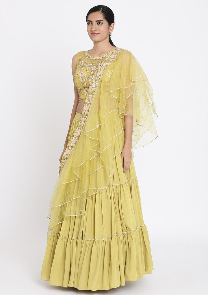 Mehendi Threadwork Georgette Designer Lehenga - koskii