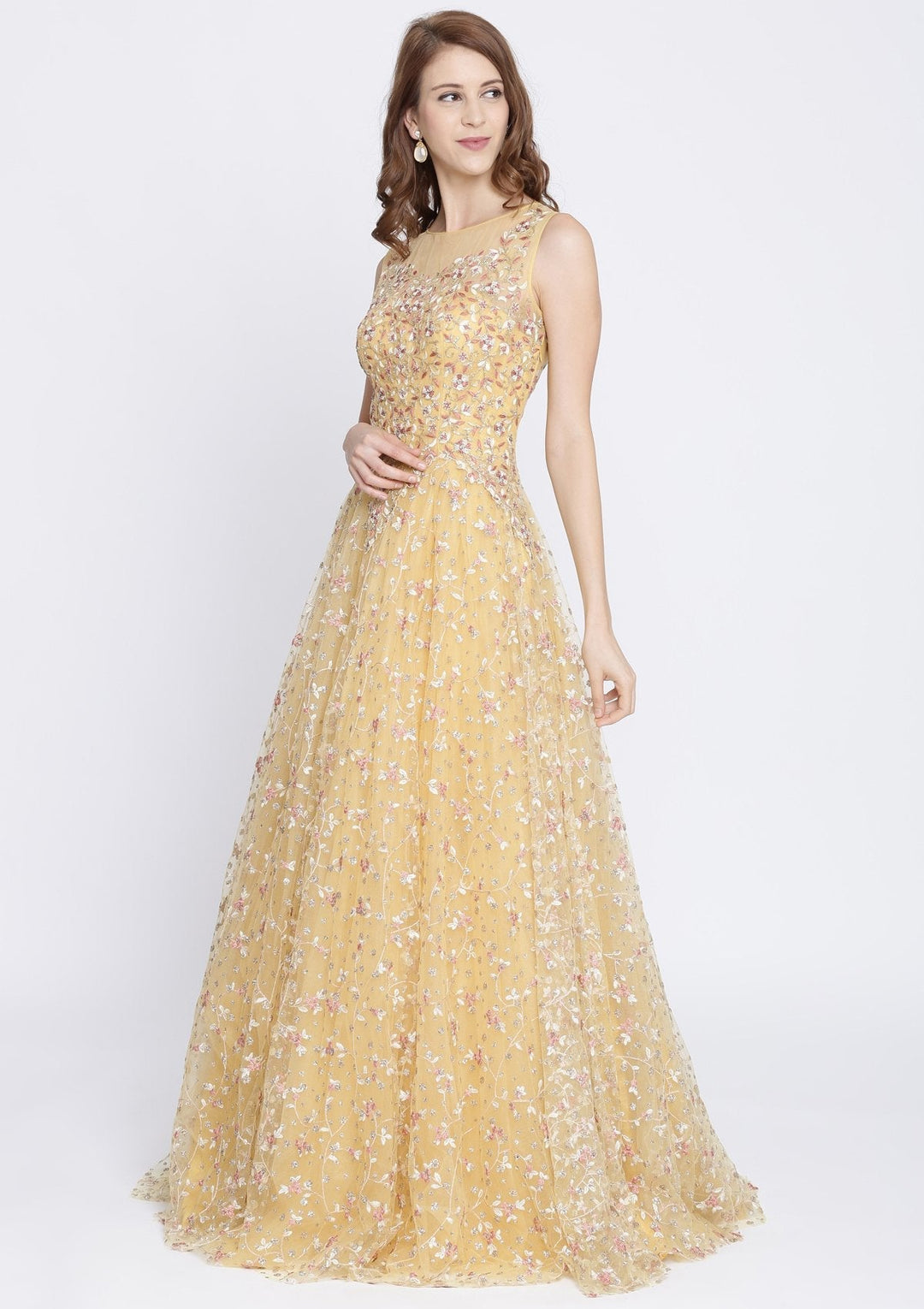 Yellow Zariwork Net Designer Gown-Koskii