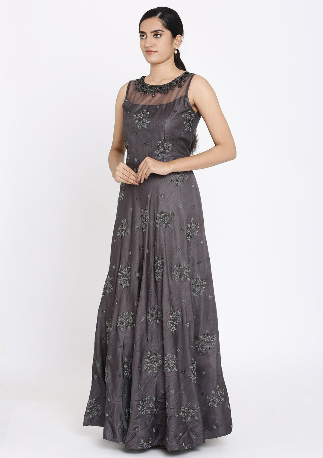 Dark Grey Cutdana Raw Silk Designer Gown - koskii