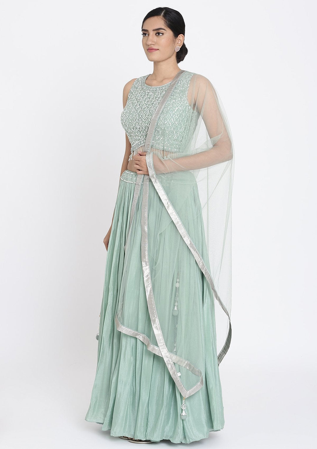 Pista Green Sequins Satin Designer Lehenga - koskii