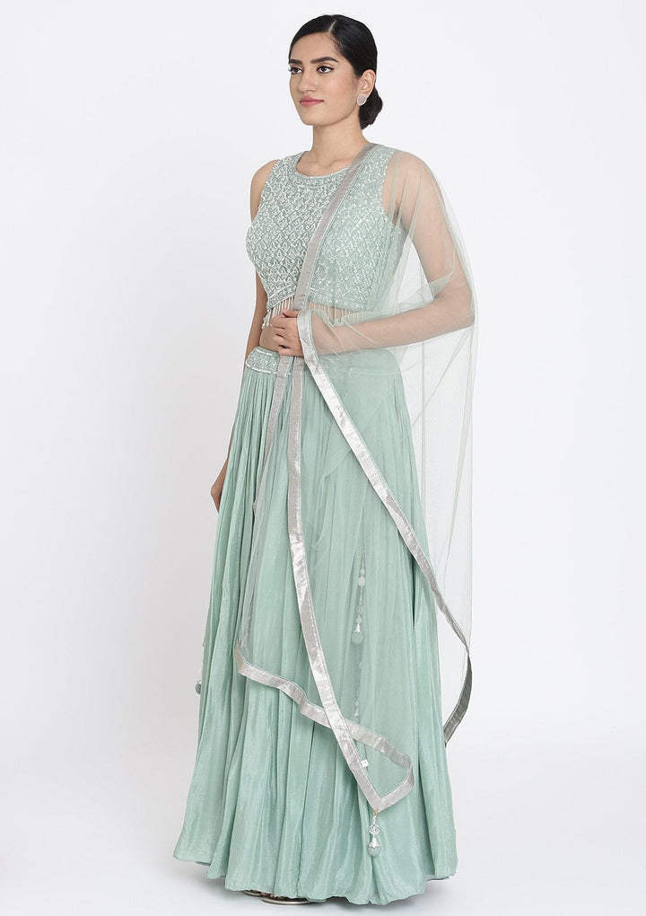 Pista Green Sequins Satin Designer Lehenga - koskii