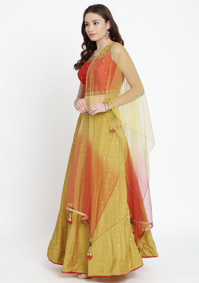 Mustard Mirrorwork Raw Silk Designer Lehenga-Koskii