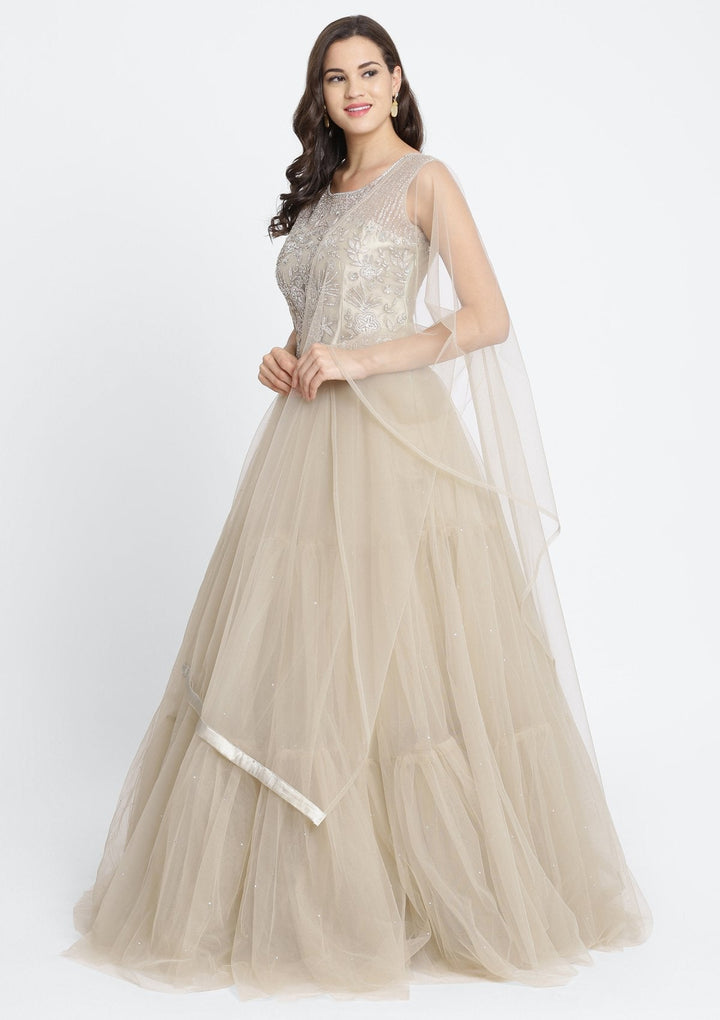 Light Brown Silver Stonework Net Designer Gown-Koskii