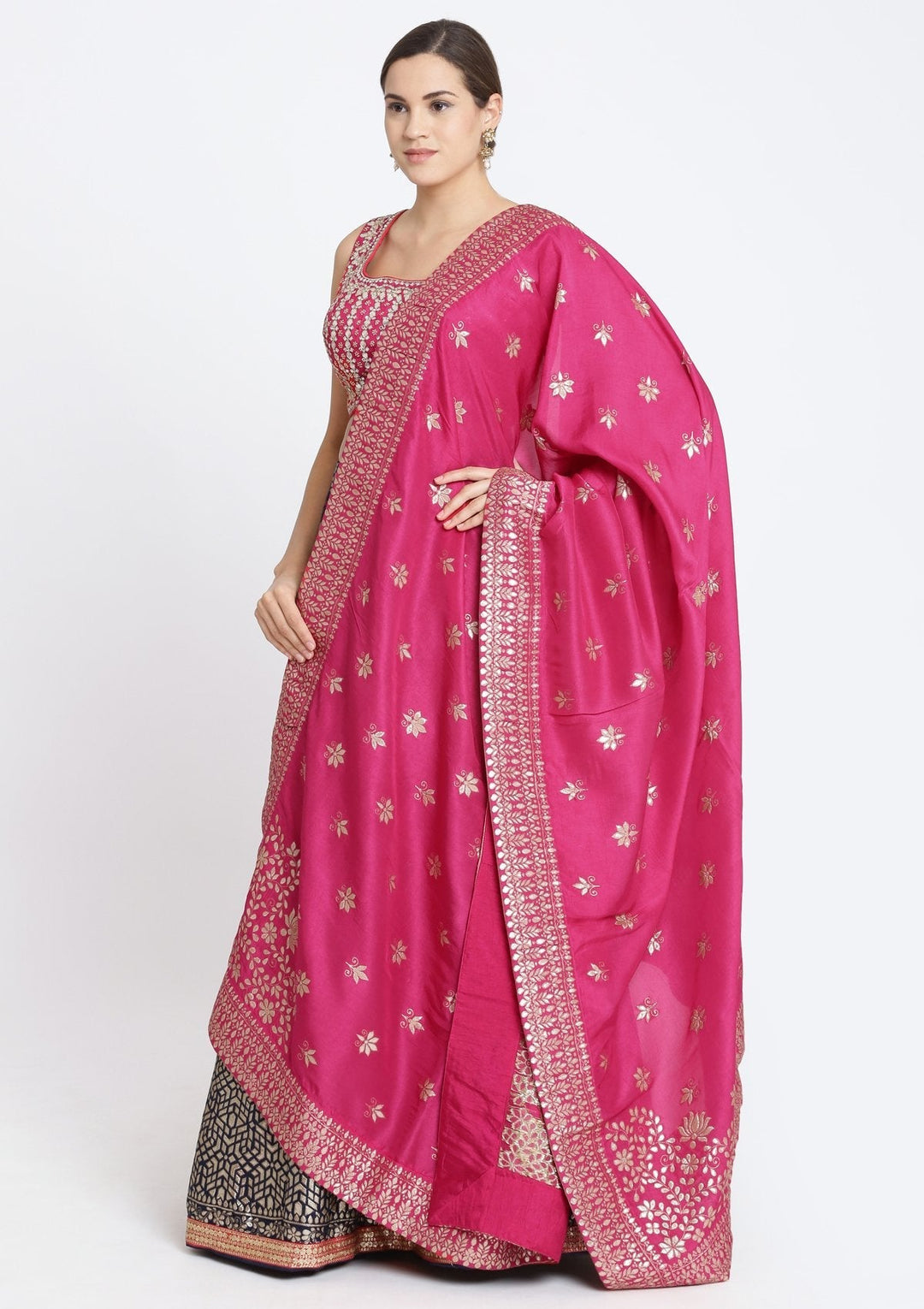Navy Blue and Fuschia Gotapatti Brocade Designer Lehenga-Koskii