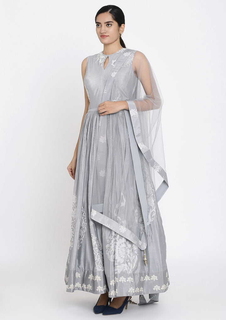 Light Grey Cutdana Satin Designer Gown - koskii