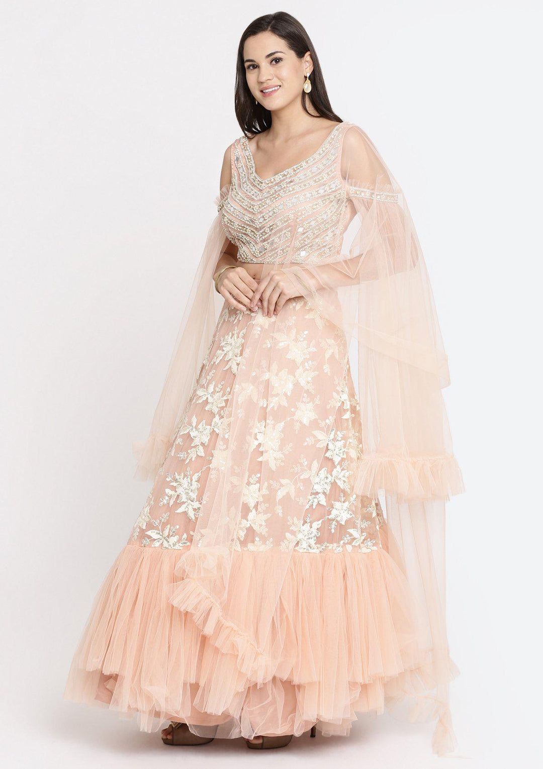 Peach Pearlwork Net Designer Lehenga-Koskii