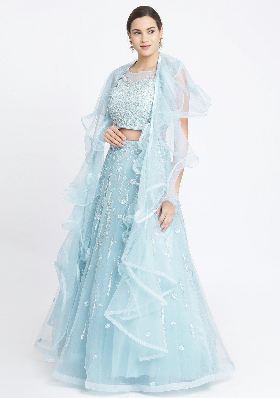 Sky Blue Sequins Net Designer Lehenga-Koskii
