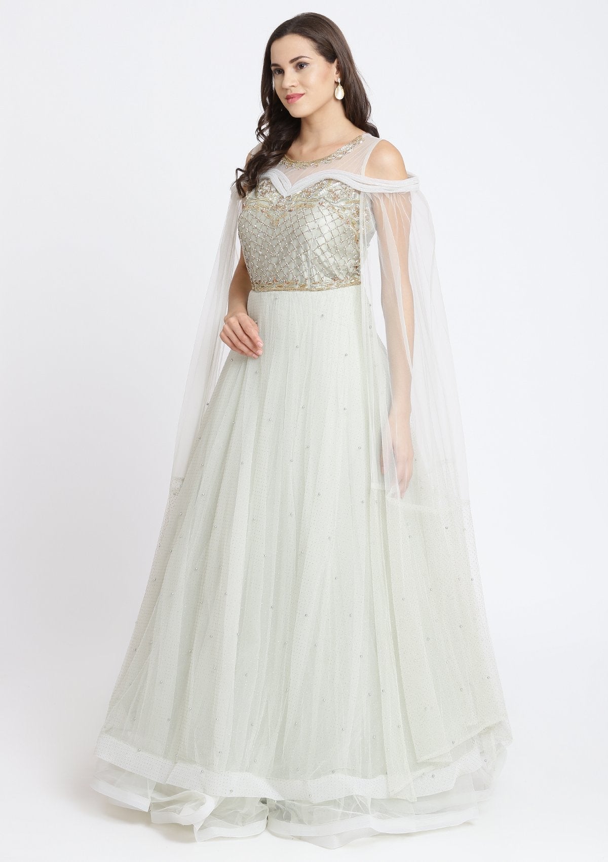 Pista Green Cutdana Net Designer Gown-Koskii