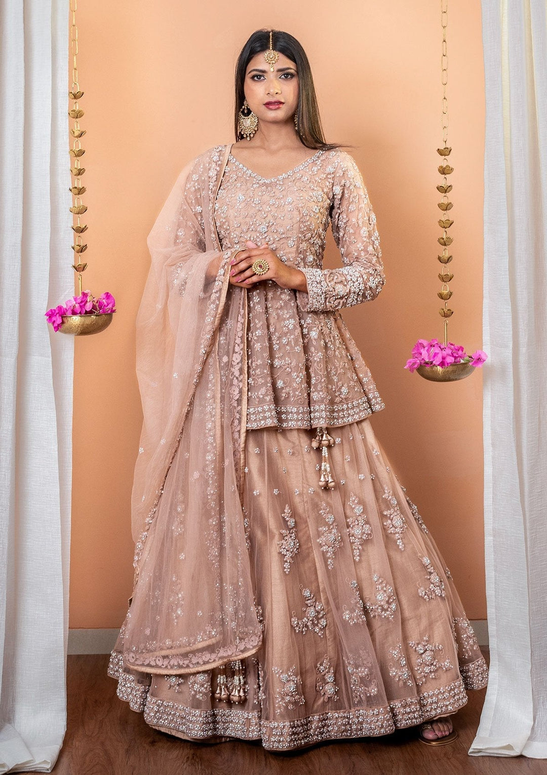 Light Brown Stonework Net Designer Lehenga-Koskii